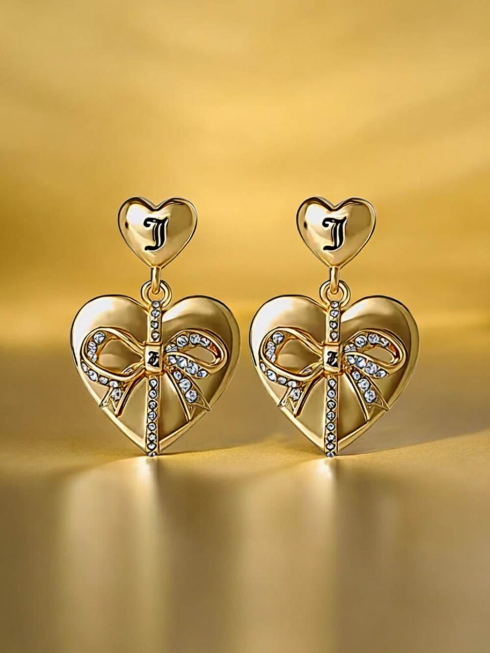 NEW Juicy Couture Gold Tone Womens Crystal Bow Heart Drop Earrings New In Box